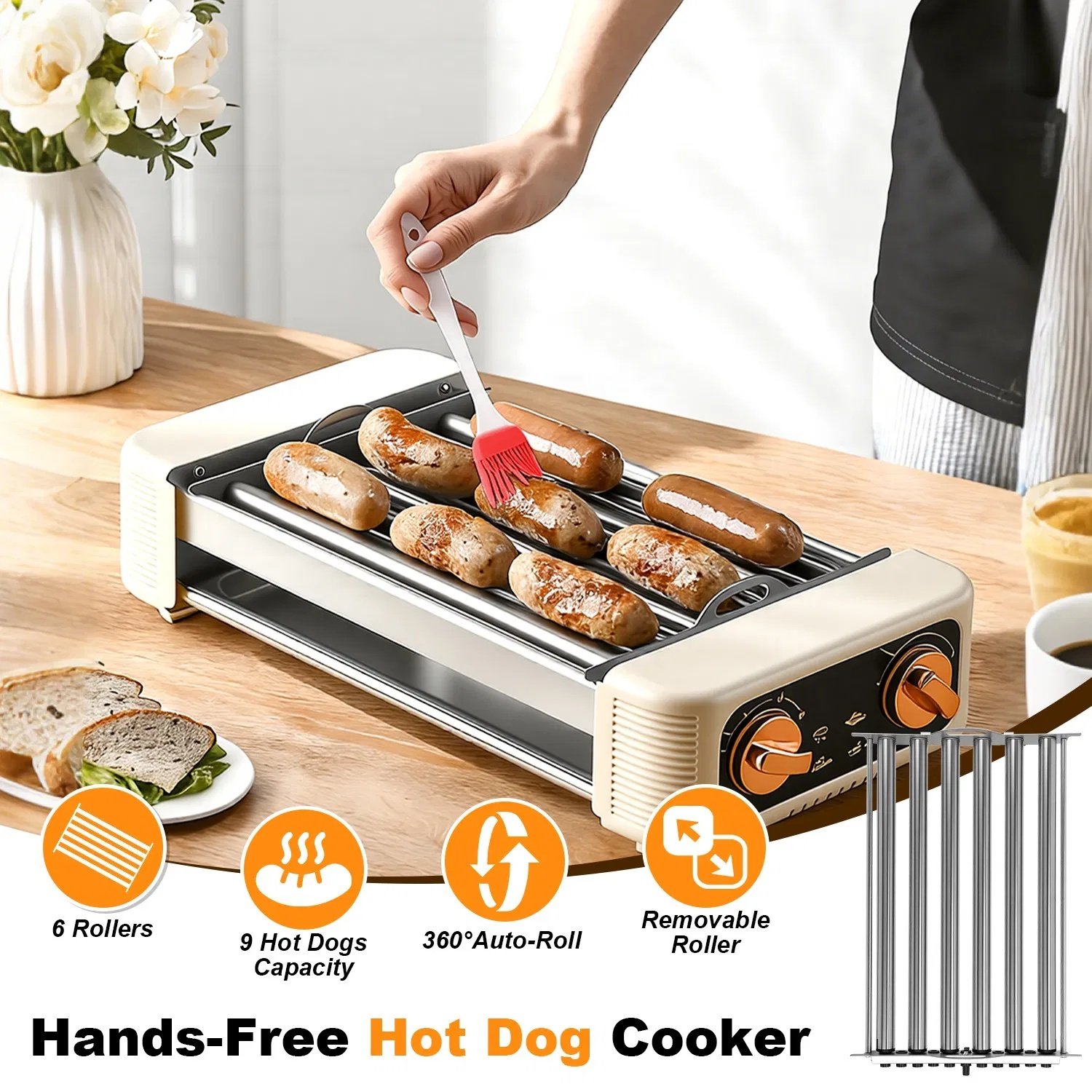3 In 1 Electric Hot Dog Roller Machine with Grill & Griddle 6-Roller Hot Dog Cooker Smokeless Non-Stick Indoor Outdoor with 3 Temp Levels for BBQ Sausages Skewers Burgers Vegetables - Image 10