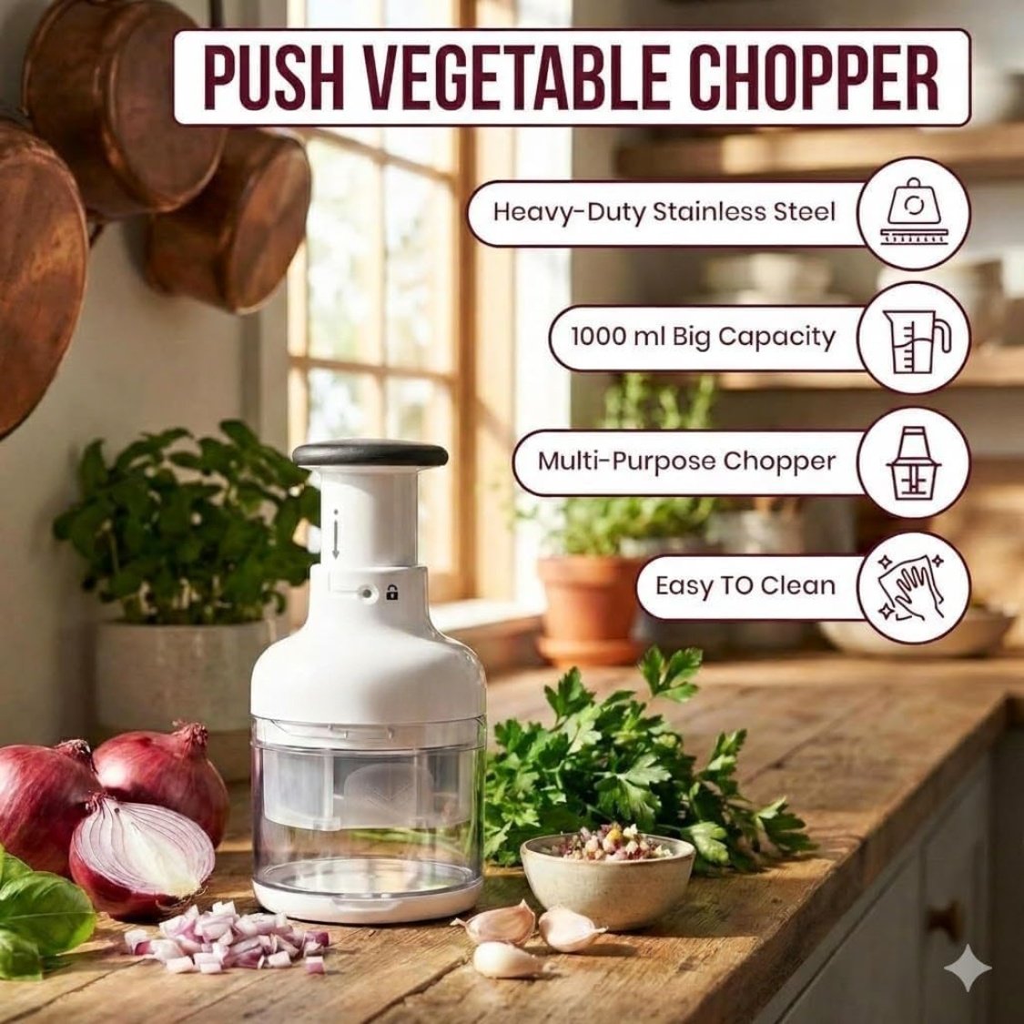 Manual Vegetable, Nut & Garlic Chopper With Container And Lid, Kitchen Food Prep Tool - Image 4