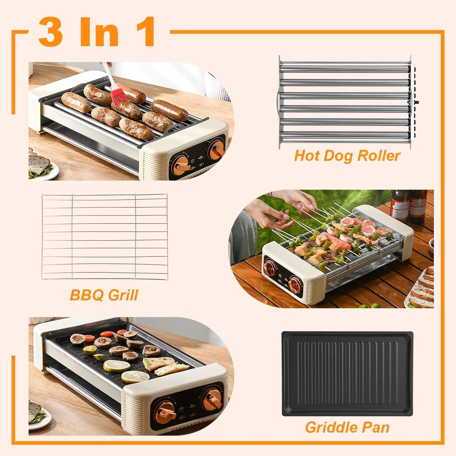 3 In 1 Electric Hot Dog Roller Machine with Grill & Griddle 6-Roller Hot Dog Cooker Smokeless Non-Stick Indoor Outdoor with 3 Temp Levels for BBQ Sausages Skewers Burgers Vegetables - Image 9
