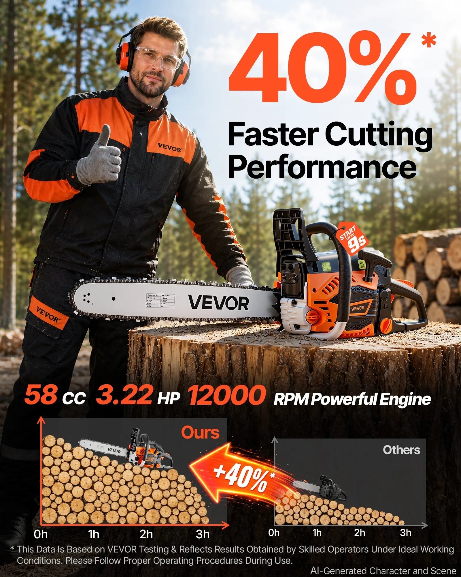 Gas Powered Chainsaw 18 & 20 Inch 58CC 3.22HP 2 Stroke Engine Saw, For Wood Cutting, Tree Trimming & Land Clearing, Throttle-Synced Choke, Power Chain Saw With Non-Slip Handle & Dual Tanks - Image 6