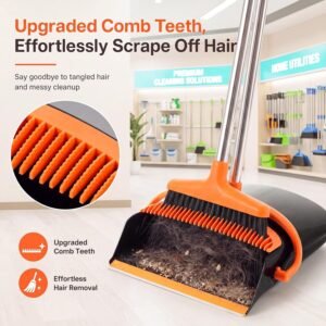 54.33-inch Long-handled, One-piece Design, Lightweight Stainless Steel Handle, Upright Dustpan With Broom Combination, Suitable For Household, Kitchen, Office And Pet Hair Cleaning Black And Orange.