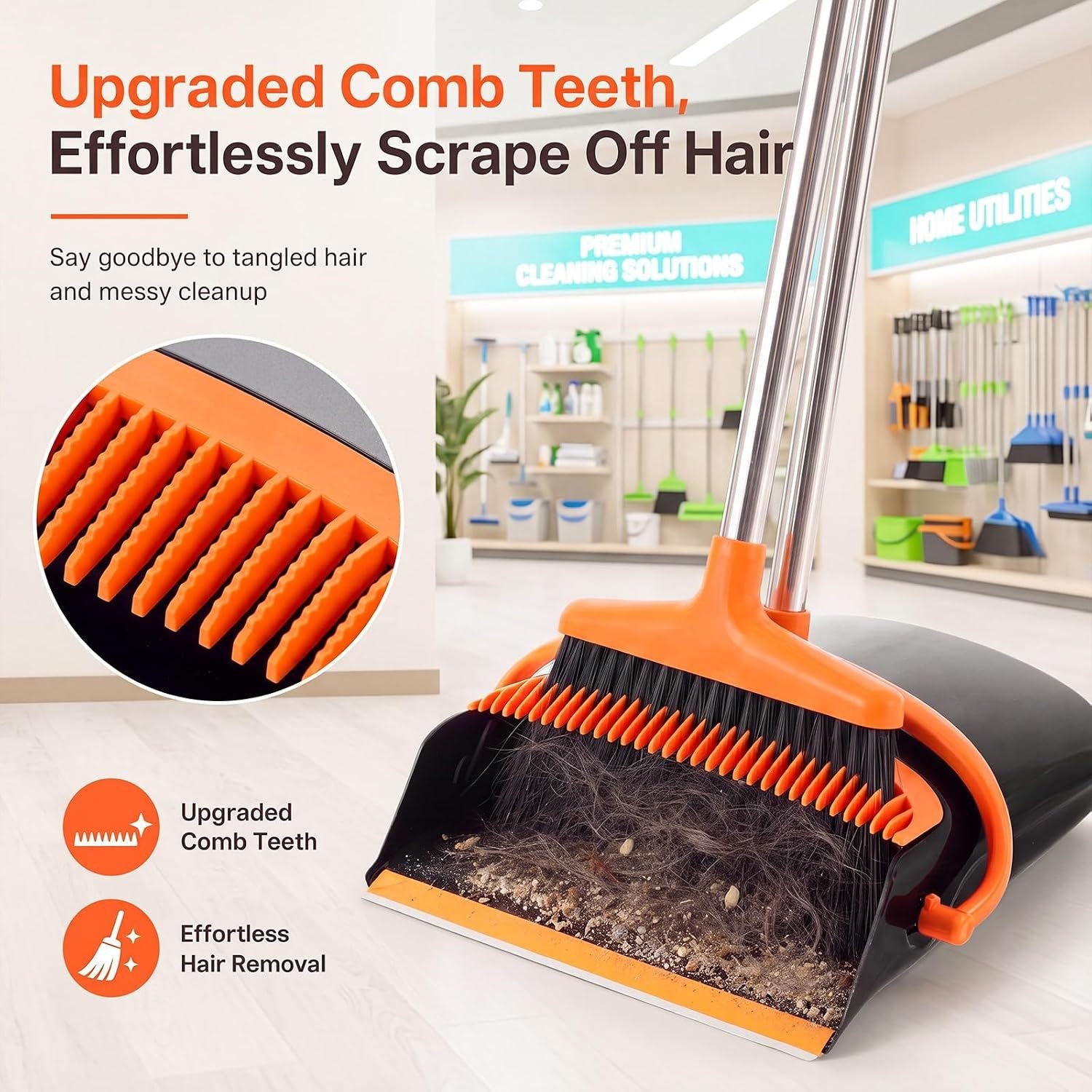 54.33-inch Long-handled, One-piece Design, Lightweight Stainless Steel Handle, Upright Dustpan With Broom Combination, Suitable For Household, Kitchen, Office And Pet Hair Cleaning Black And Orange.