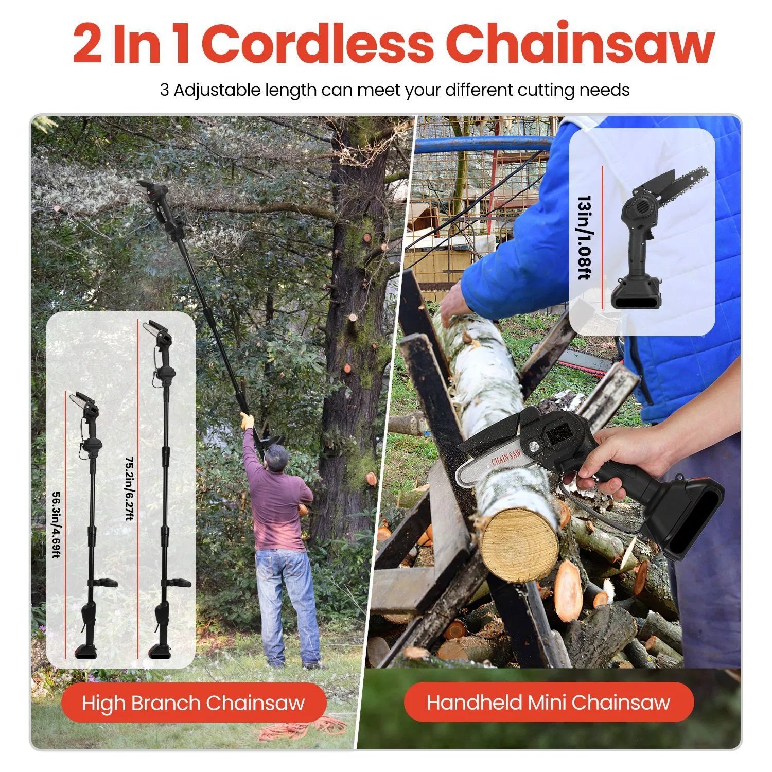 Cordless 3-in-1 Pole Saw/Mini Chainsaw/Grass Trimmer - 21V 1500mAh x2 Batteries, 4/6in Cutting Chain, 13in-75.2in Adjustable Length, Safety Switch + Gloves/Goggle for Yard Maintenance - Image 7