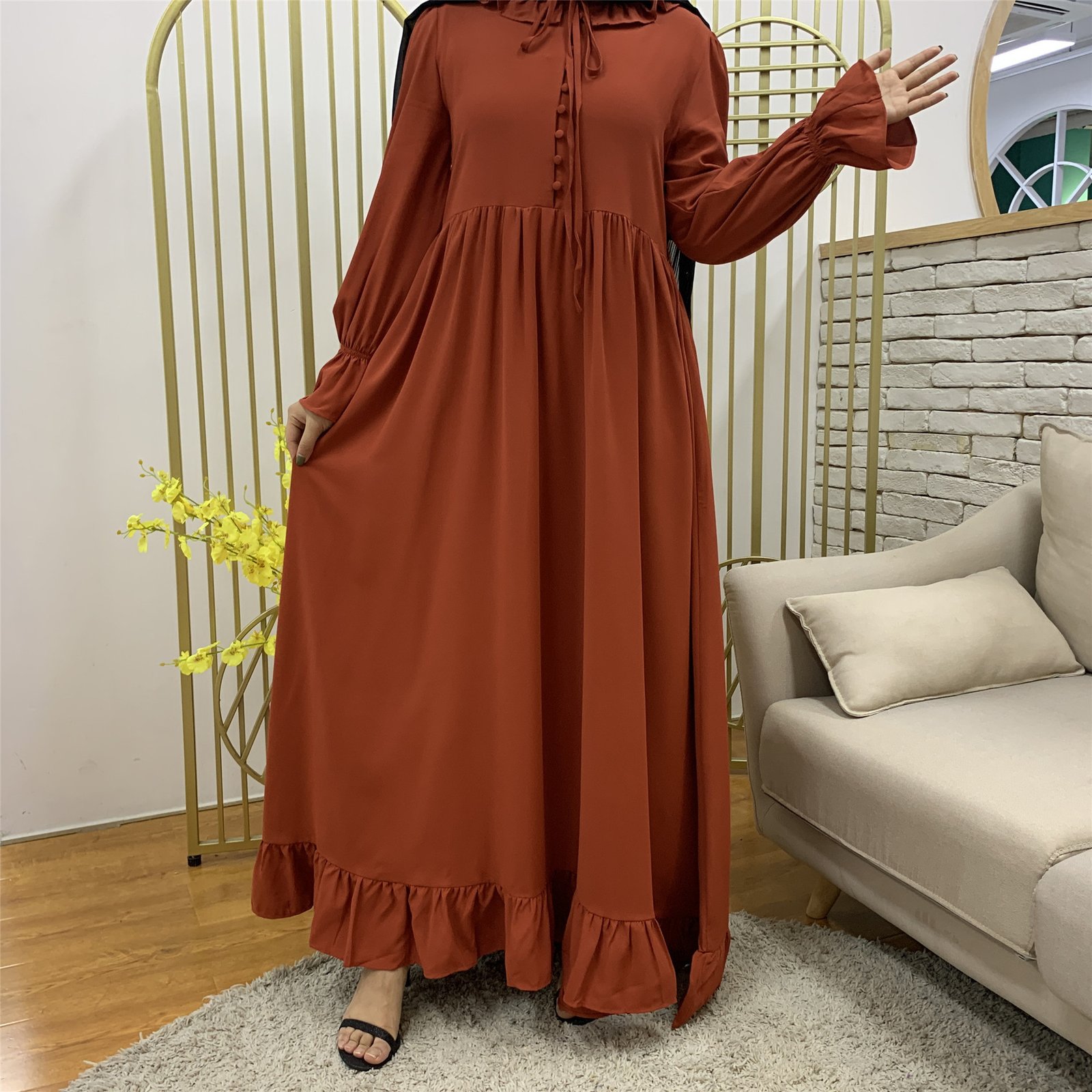 Solid Color Stitching Big Muslim Dress - Image 2