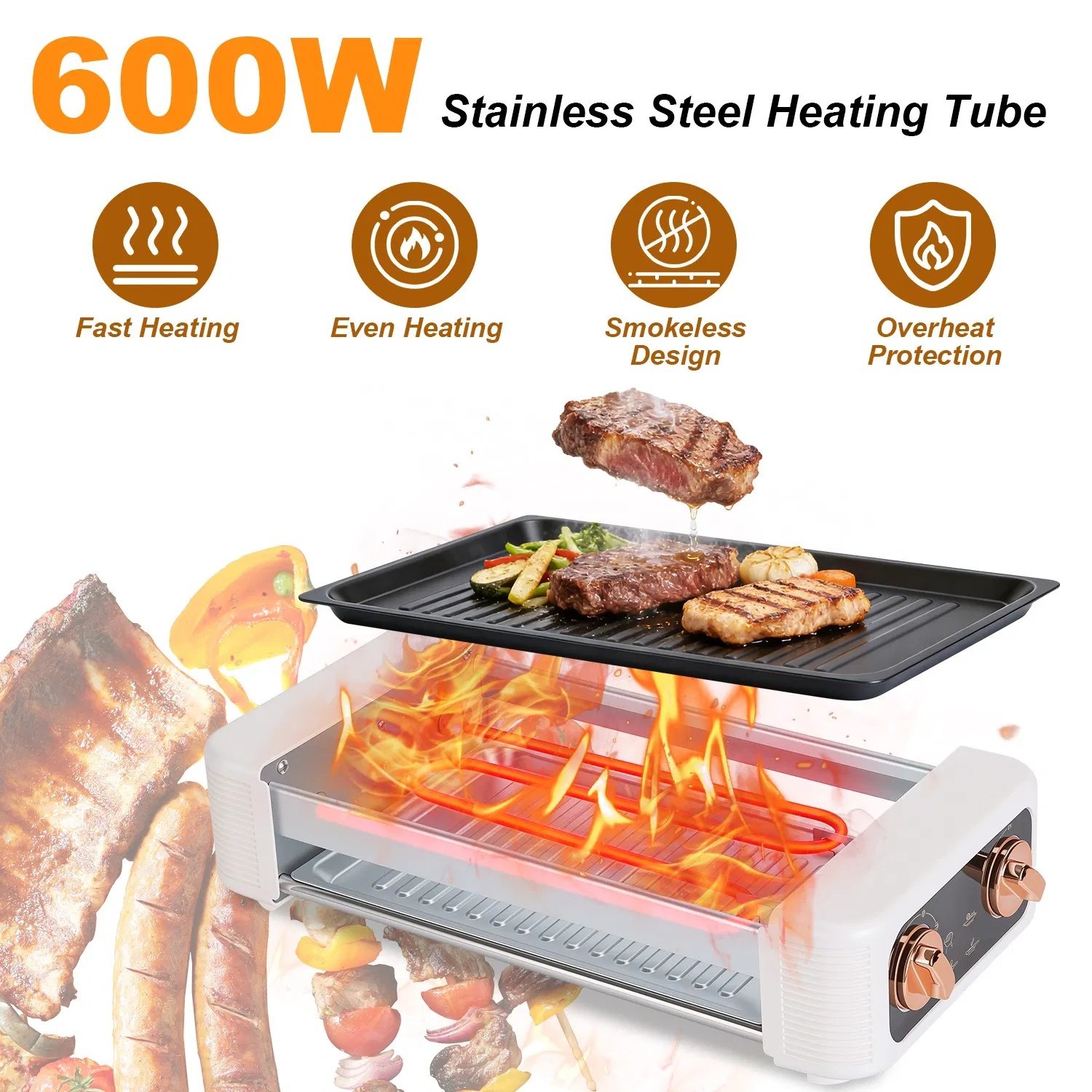 3 In 1 Electric Hot Dog Roller Machine with Grill & Griddle 6-Roller Hot Dog Cooker Smokeless Non-Stick Indoor Outdoor with 3 Temp Levels for BBQ Sausages Skewers Burgers Vegetables - Image 6