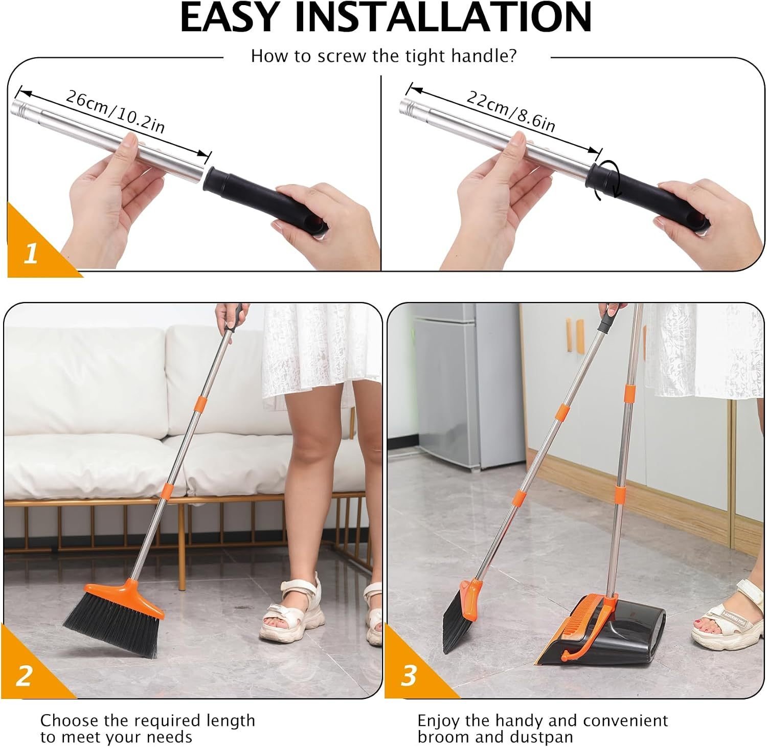 Broom And Dustpan Set, 54.33 Inches Long Handle, Upright Dustpan With Lightweight Stainless Steel Rod, Upright Dustpan, Suitable For Various Scenarios Such As Kitchen, Office And Cleaning Pet Dog Hair - Image 9