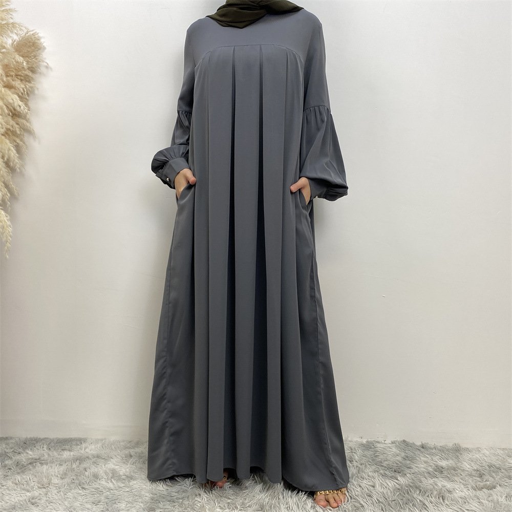Muslim Solid Color Pleated Round Neck Dress - Image 5