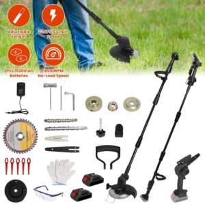 Cordless 3-in-1 Pole Saw/Mini Chainsaw/Grass Trimmer - 21V 1500mAh x2 Batteries, 4/6in Cutting Chain, 13in-75.2in Adjustable Length, Safety Switch + Gloves/Goggle for Yard Maintenance