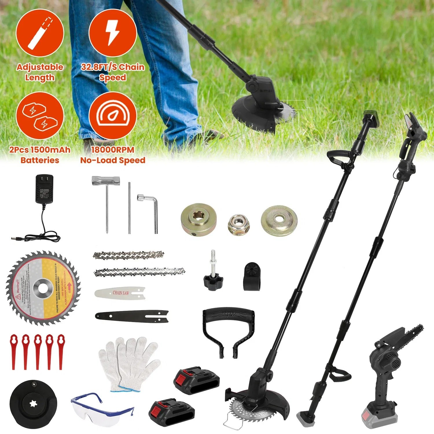 Cordless 3-in-1 Pole Saw/Mini Chainsaw/Grass Trimmer - 21V 1500mAh x2 Batteries, 4/6in Cutting Chain, 13in-75.2in Adjustable Length, Safety Switch + Gloves/Goggle for Yard Maintenance