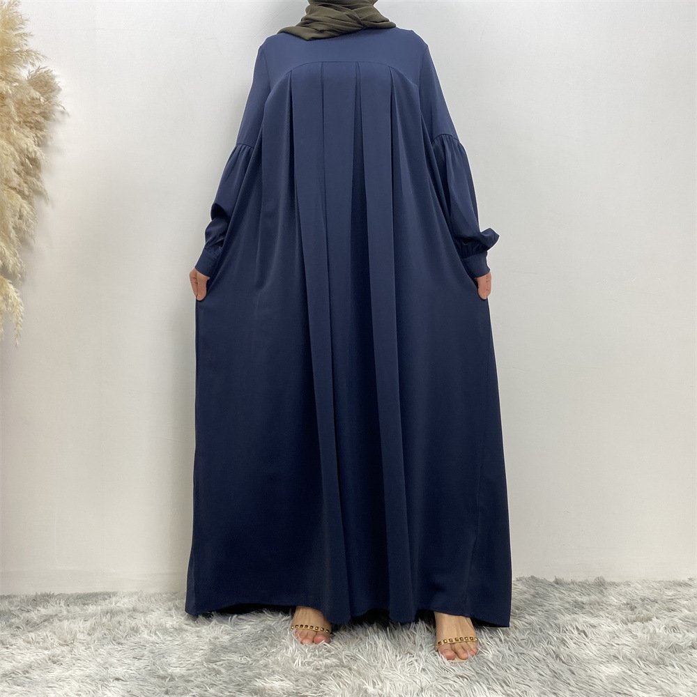 Muslim Solid Color Pleated Round Neck Dress - Image 3