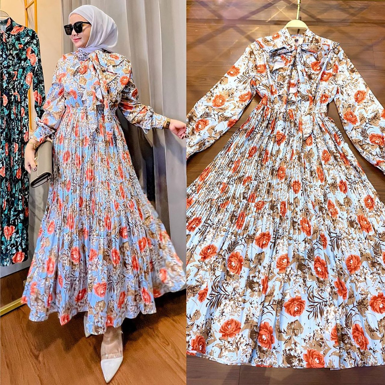 Muslim Malay Indonesian Ruffled Printed Dress - Image 5