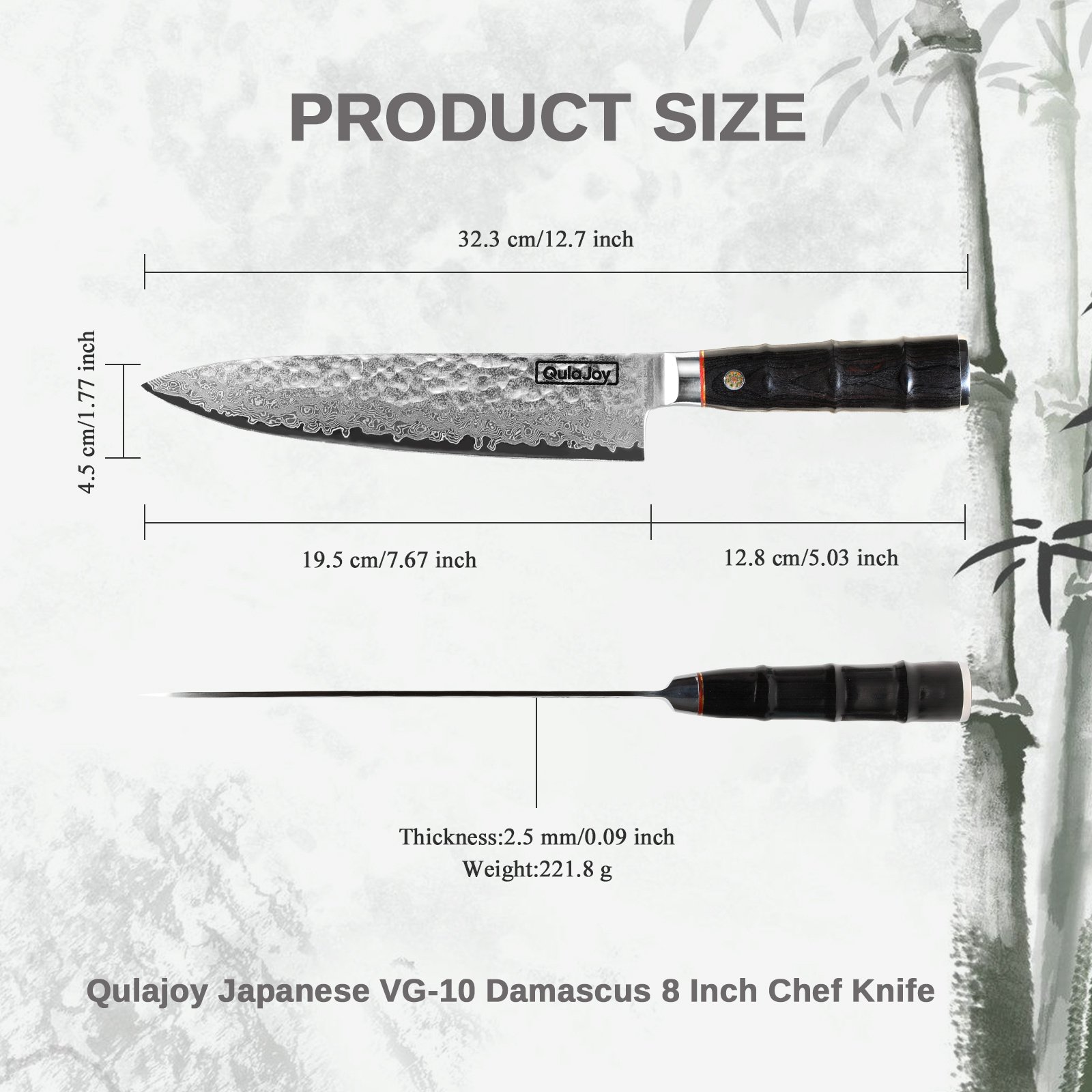 Qulajoy Japanese Chef Knife 8 Inch,67 Layers Damascus VG-10 Steel Core,Professional Hammered Kitchen Knife,Handcrafted With Ergonomic Bamboo Shape Handle - Image 5